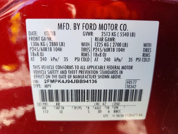 2018 FORD EDGE SEL — VINS
