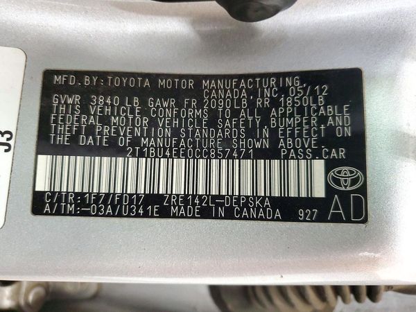 2012 TOYOTA COROLLA — VINS