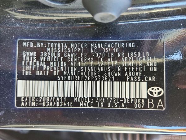 2016 TOYOTA COROLLA L/LE — VINS