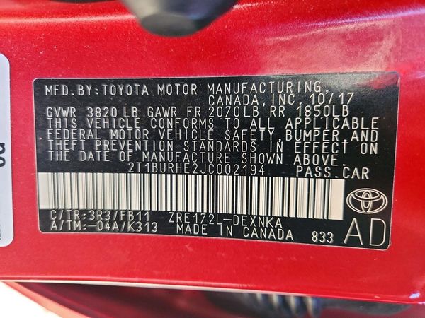 2018 TOYOTA COROLLA L/LE/SE/XLE/XSE — VINS