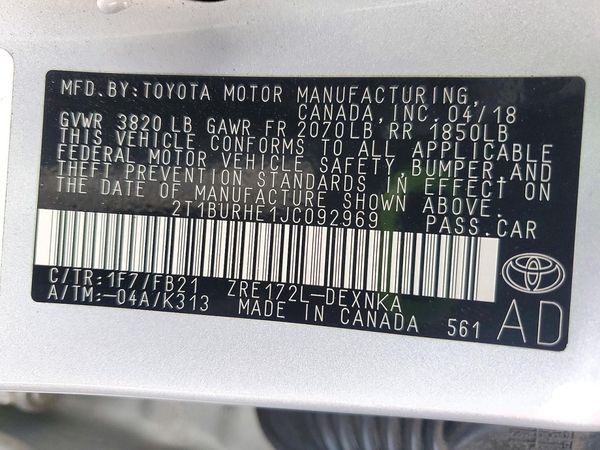 2018 TOYOTA COROLLA L/LE/SE/XLE/XSE — VINS