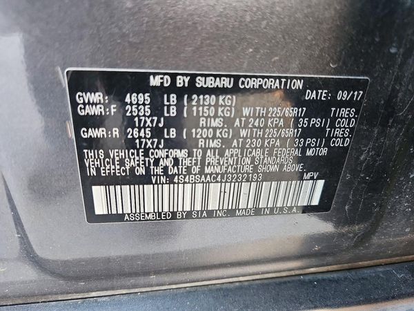 2018 SUBARU OUTBACK Base — VINS