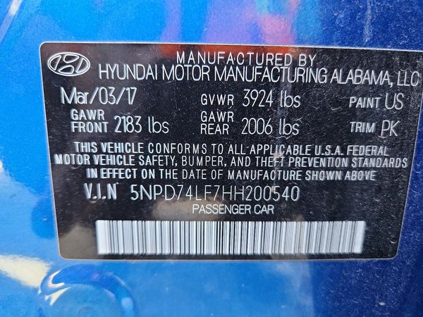 2017 HYUNDAI ELANTRA SE Base — VINS