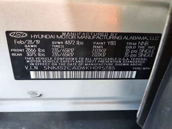 2019 HYUNDAI SANTA FE SE — VINS