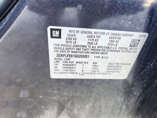 2016 CHEVROLET EQUINOX LT — VINS