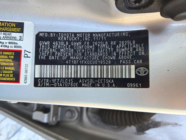 2012 TOYOTA CAMRY — VINS