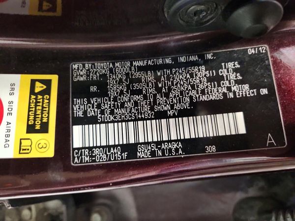 2012 TOYOTA HIGHLANDER Base/Hybrid — VINS