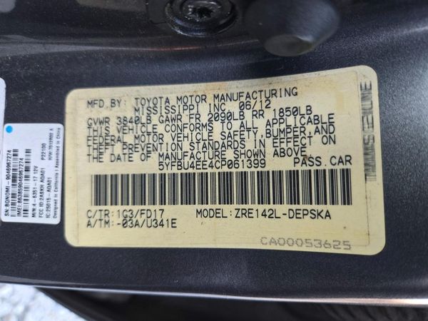 2012 TOYOTA COROLLA — VINS
