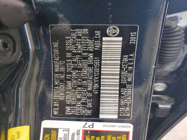 2012 TOYOTA CAMRY — VINS