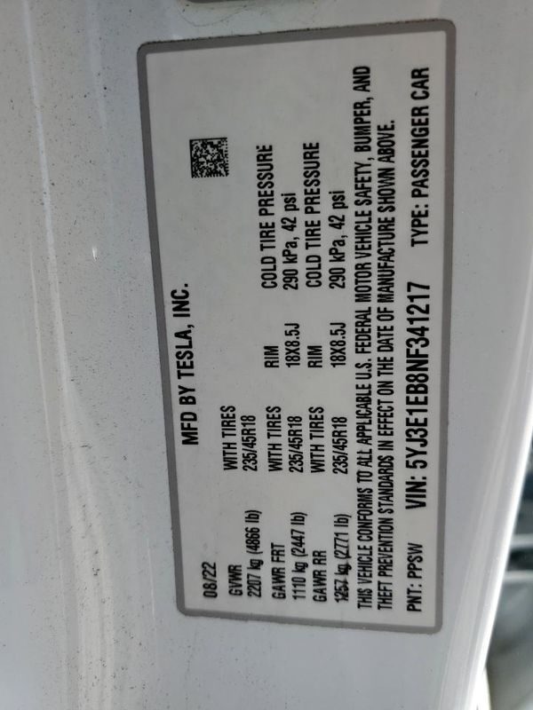 2022 TESLA MODEL 3