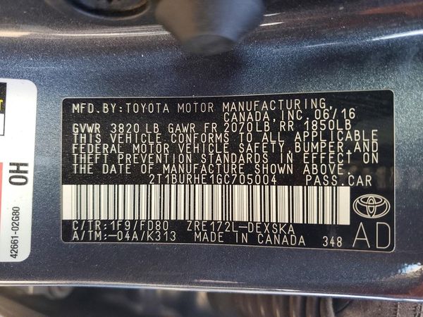 2016 TOYOTA COROLLA L/LE