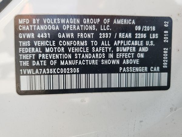 2019 VOLKSWAGEN PASSAT